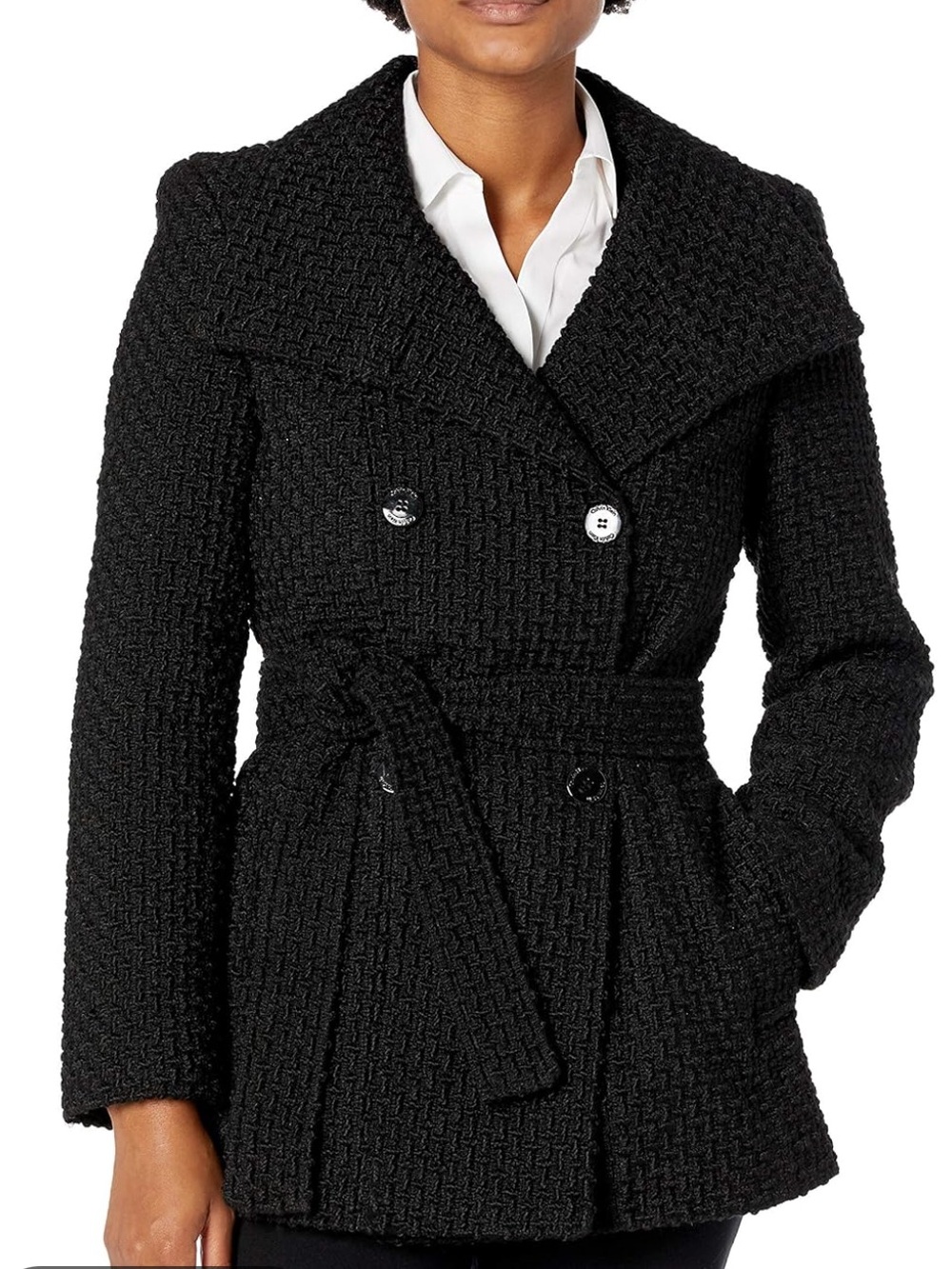 Calvin Klein Black Wool Blend Double Breasted Belted Coat